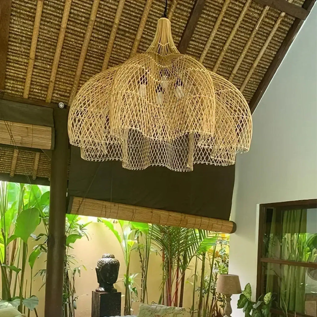 Lustre en rotin style japonais tressé main — Suspension coupole orientale