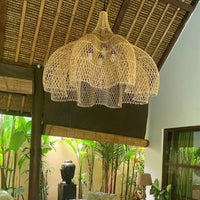 Lustre en rotin style japonais tressé main — Suspension coupole orientale