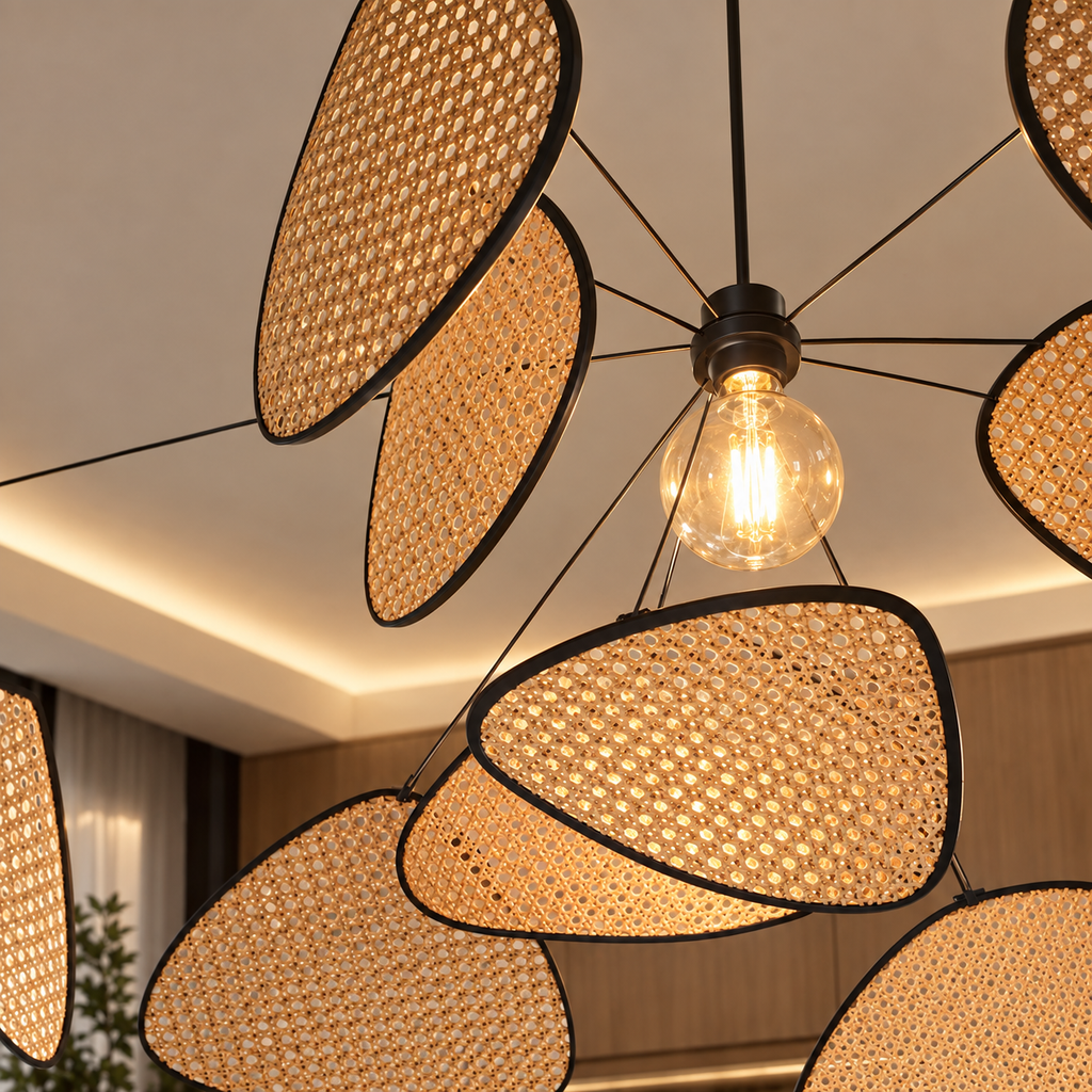 Lustre en rotin et bambou tressé main — Suspension artisanale style naturel