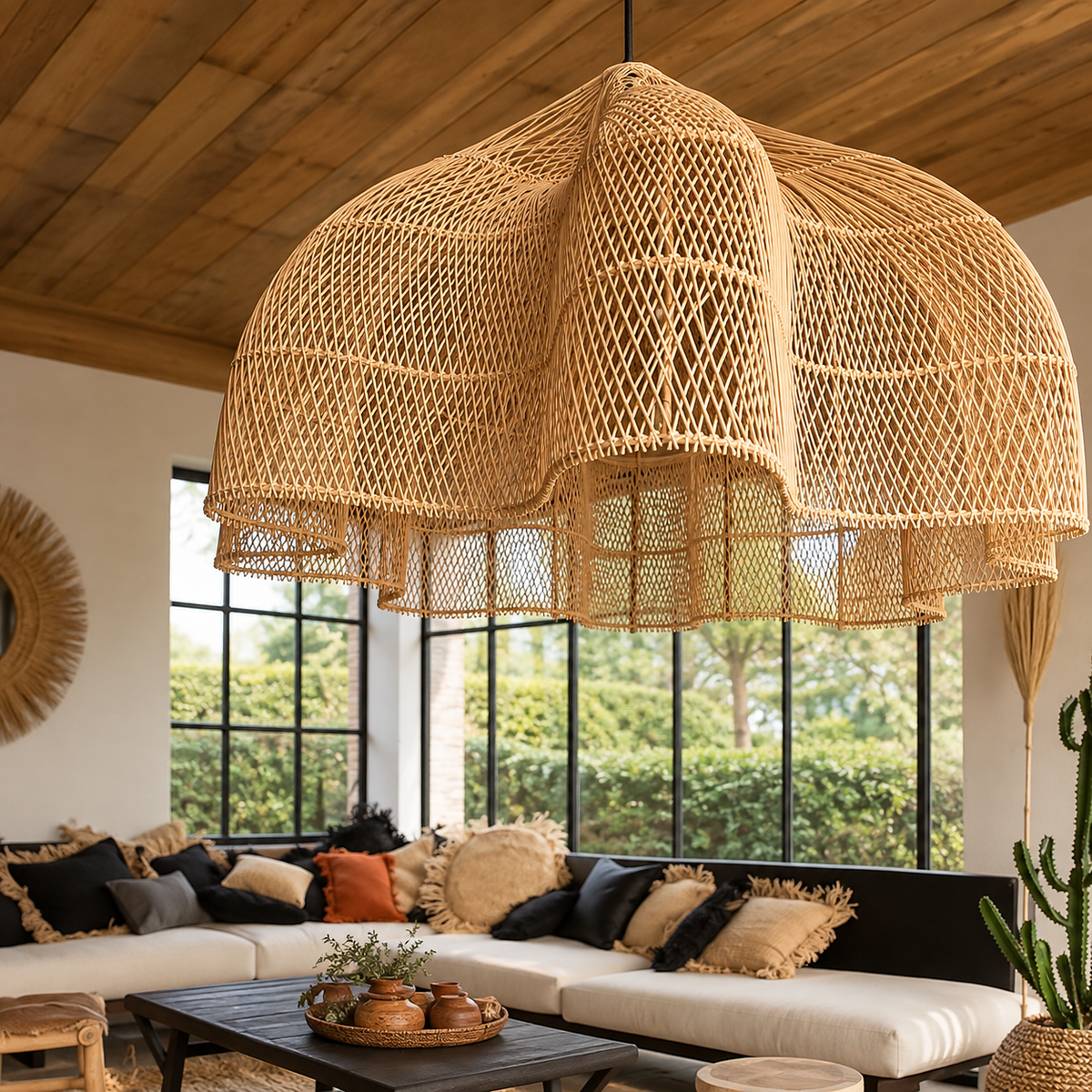 Lustre en rotin style japonais tressé main — Suspension coupole orientale