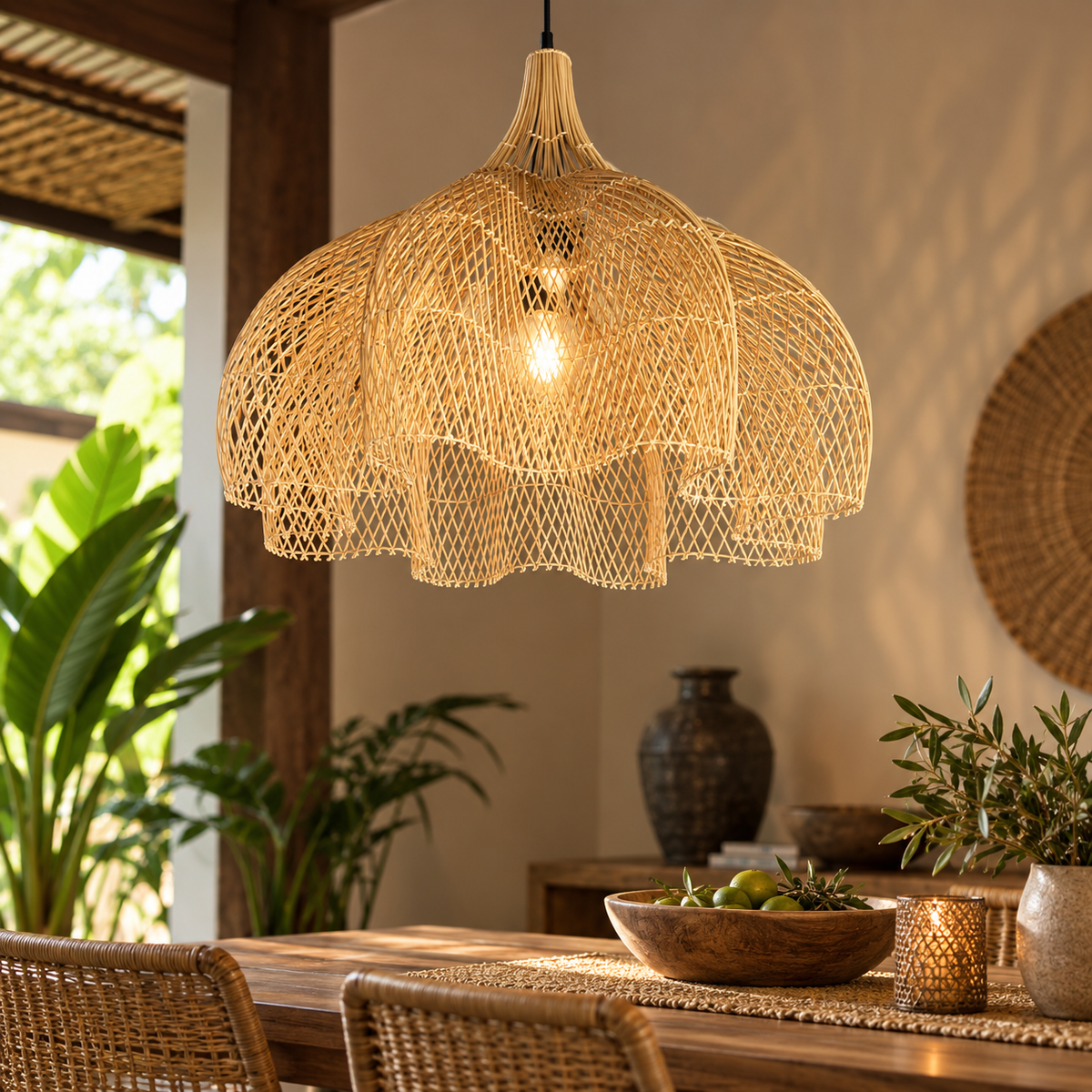 Lustre en rotin style japonais tressé main — Suspension coupole orientale
