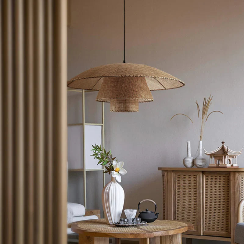 Lustre en rotin vintage tressé main — Suspension lanterne japonaise 3 étages
