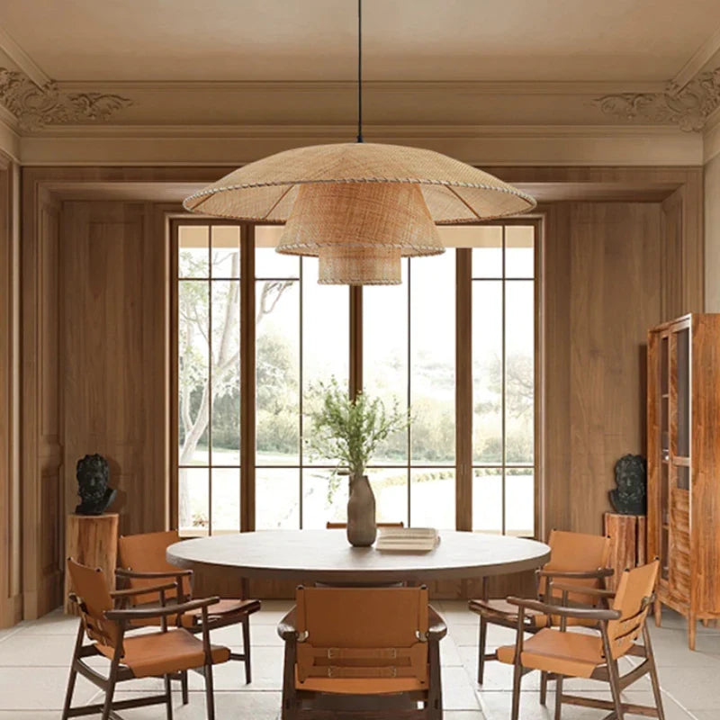 Lustre en rotin vintage tressé main — Suspension lanterne japonaise 3 étages