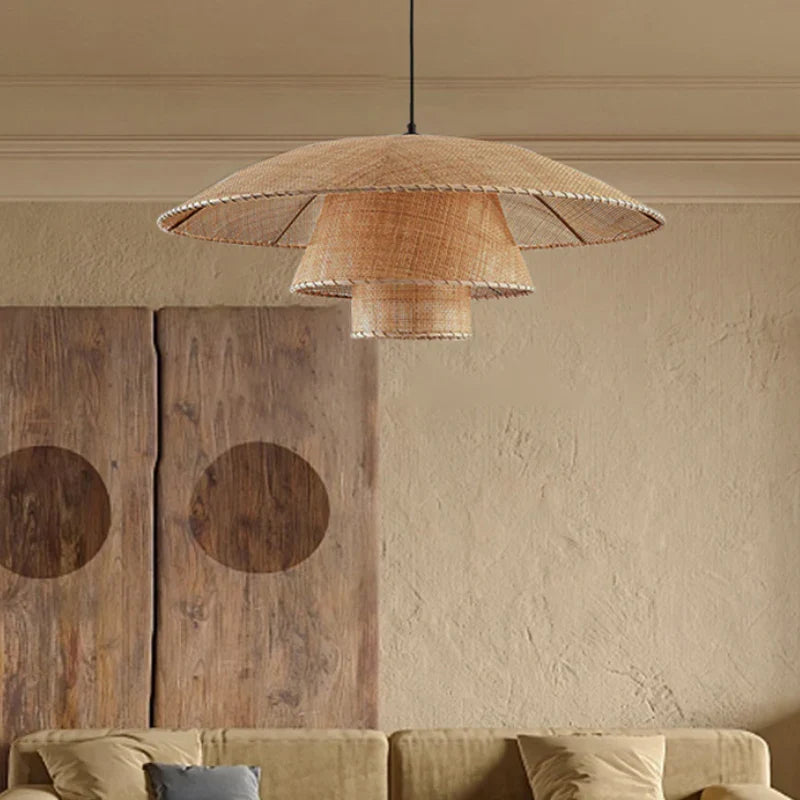 Lustre en rotin vintage tressé main — Suspension lanterne japonaise 3 étages